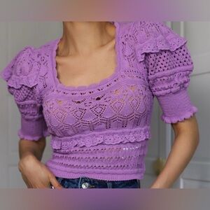 ZARA Lilac Crochet Puff Sleeve Knit Top Cottagecore Boho Size S BNWT